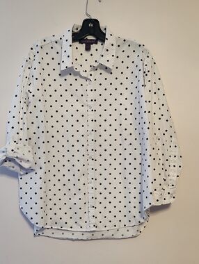 Gloria Vanderbilt Polka Dot Button-Up Roll Tab Shirt - White with Black Dots XL